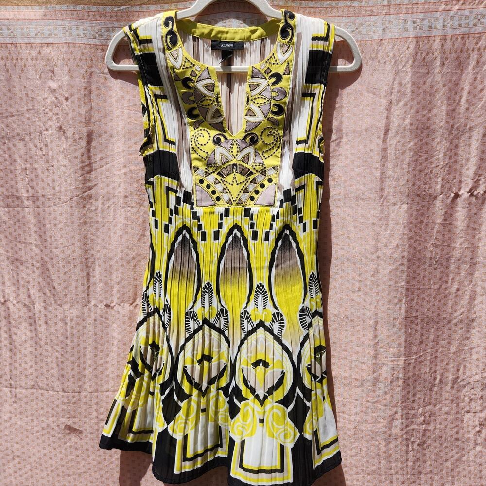 Alfani Yellow & Black Sleeveless Geometric Flare Mini Dress Sz 8 Mod 70s Style